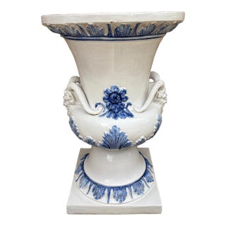 Monumental Blue & White Majolica Grecian Urn With Jupiter Ammon Motifs For Sale