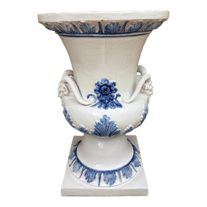 Monumental Blue & White Majolica Grecian Urn With Jupiter Ammon Motifs