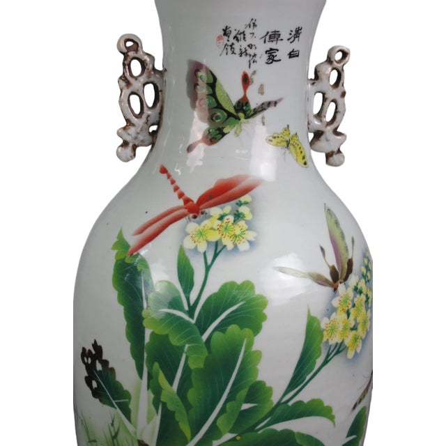 Ceramic Vintage Chinese Dragon Flies Famille Rose Porcelain Vase For Sale - Image 7 of 13