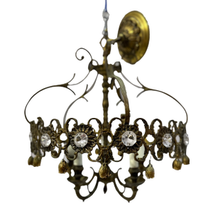 Vintage Brass Chandelier With Crystals and Rosebuds