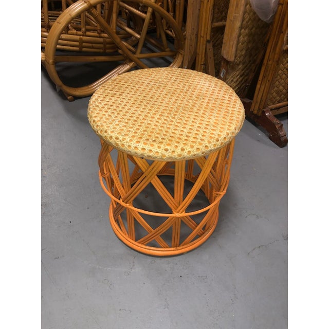 1940s Restored Rattan Orange and Natural Cane Side Table For Sale - Image 4 of 5