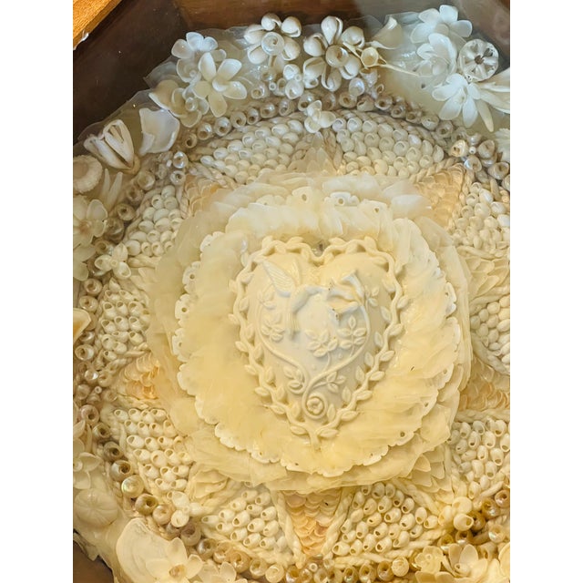 1940s American Folk Art White Sea Shell Sailors Valentines Love Doves Heart For Sale - Image 4 of 8