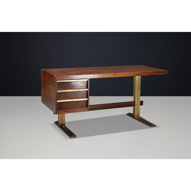 Italian Walnut Desk with Brass Base, Italy, 1950s For Sale - Image 14 of 18