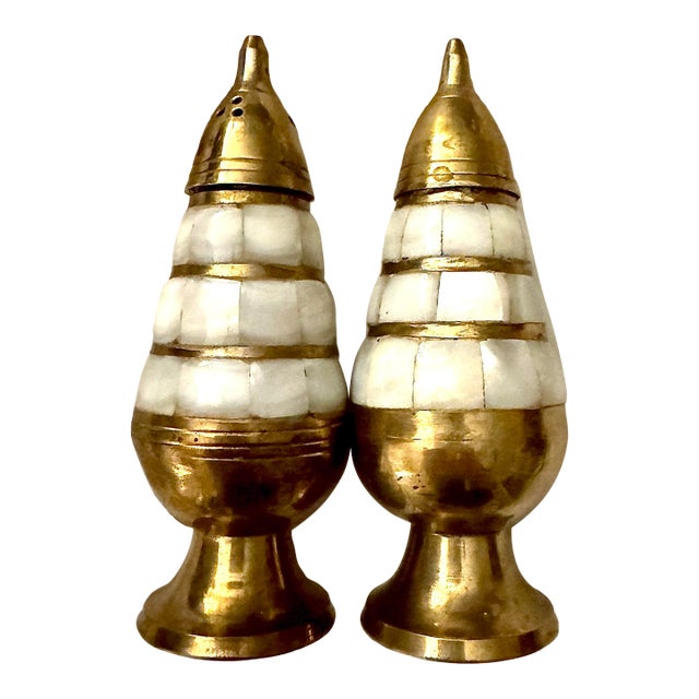 Antique Mother of Pearl & Brass Salt & Pepper Shakers For Sale