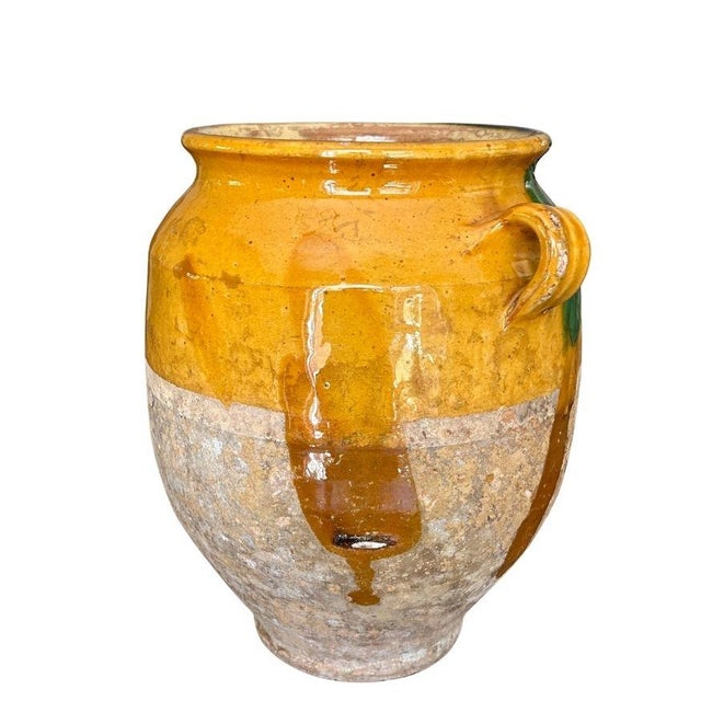 A 19th C French Terra Cotta Yellow Ochre and Green Glazed Confit Jar For Sale - Image 4 of 8