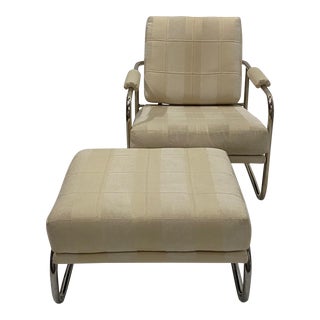 Stylish Mid-Century Modern Chrome and Upholstered Club Chair and Ottoman For Sale