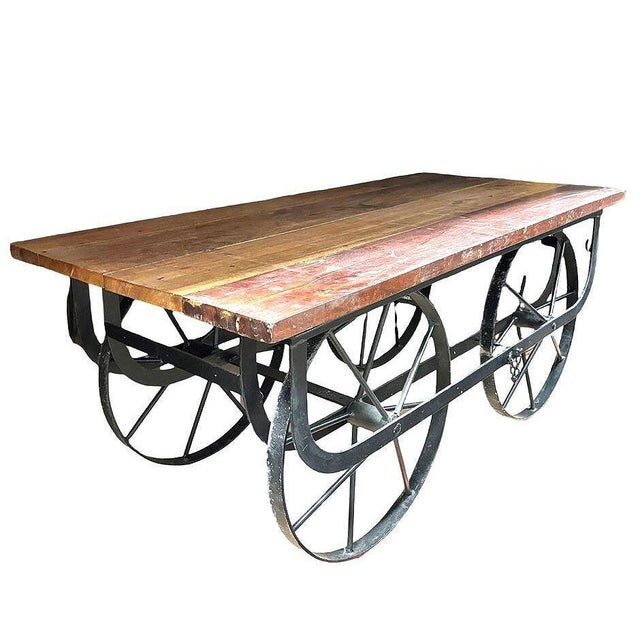 Industrial 1990s Industrial Iron & Wood Railroad Style Rolling Trolly Cart Coffee Table For Sale - Image 3 of 7
