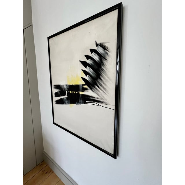 A large abstract expressionist framed painting, acrylic on canvas in a simple black frame A striking graphic composition...