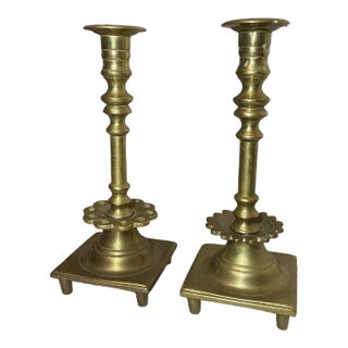 Rare Pair Primitive Antique 18th Century Turned Brass Candlestick Candle Holder For Sale