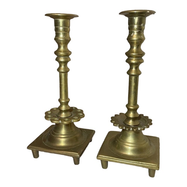 Rare Pair Primitive Antique 18th Century Turned Brass Candlestick Candle Holder For Sale