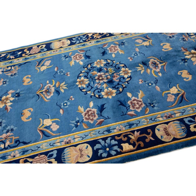 1960s Handmade Antique Peking Chinese Blue Wool Rug With Allover Floral Design For Sale In New York - Image 6 of 7