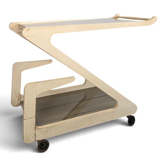 White Lacquered and Smoked Glass Z-Shaped Rolling Serving Cart, 1970s For Sale - Image 9 of 9