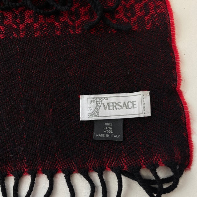 Versace Red & Black Printed 100% Wool Scarf For Sale - Image 6 of 10