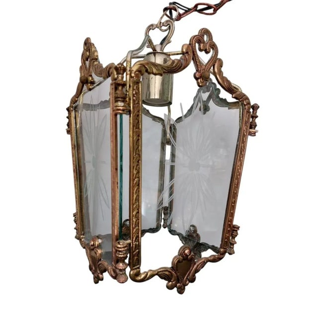 French lantern with brass structure, the glass face painted with a floral design Art nouveau style the lantern is complete...