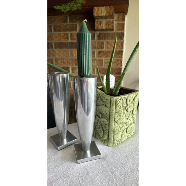 Metal MCM Modernist Sleek Cast Aluminum Statement Piece Candlestick Set For Sale - Image 7 of 9