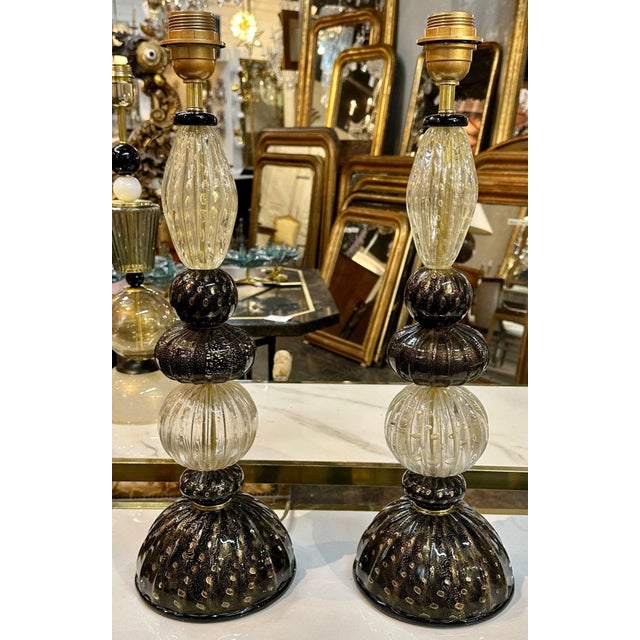 Pair of Modern Murano Glass Black and Gold Lamps For Sale In Dallas - Image 6 of 6
