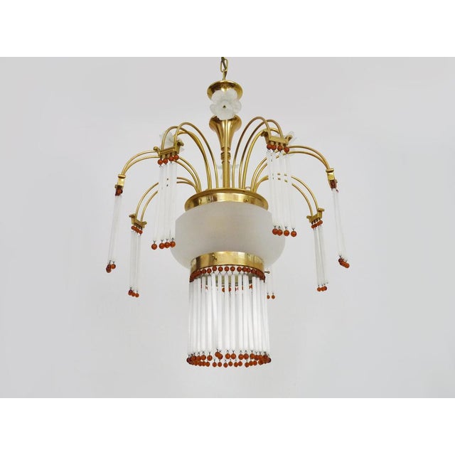 1980s Art Nouveau Style Chandelier in Brass with Pendants and Glass Globe with 3 Lights, Italy, 1980s For Sale - Image 5 of 11
