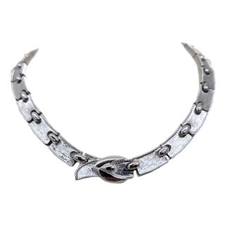 Vintage 1970s Signed Monet Rhodium Plated Articulated Buckle Collar Necklace For Sale