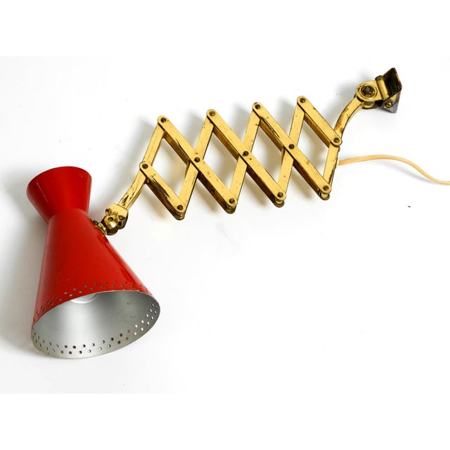 Mid-Century Brass Extendable Scissor Wall Lamp with Aluminum Diabolo Shade in Red and Brass, 1950s For Sale - Image 17 of 18