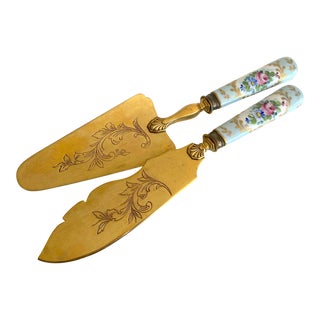 Antique Early 1900's Neoclassical Hand Painted Floral Gilded Porcelain Brass Fish Serving Utensils - Set of 2 For Sale