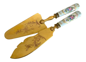 Antique Early 1900's Neoclassical Hand Painted Floral Gilded Porcelain Brass Fish Serving Utensils - Set of 2
