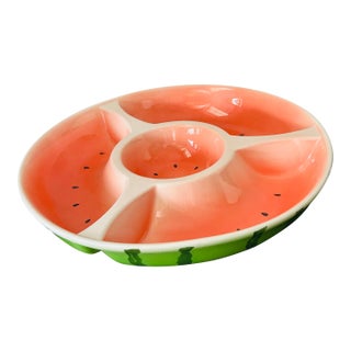 Vintage Americana Watermelon Ceramic Chip & Dip Serving Platter – Hand-Painted Divided Summer Entertaining Tray, Fruit-Themed Kitchen Serveware For Sale