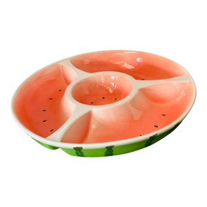 Vintage Americana Watermelon Ceramic Chip & Dip Serving Platter – Hand-Painted Divided Summer Entertaining Tray, Fruit-Themed Kitchen Serveware