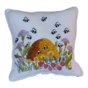 Vintage Crewel Embroidery Pillow Honey Bees Beehive Fruit and Flowers