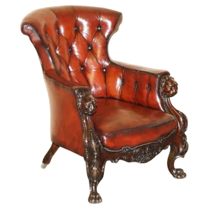 Antique Chesterfield Library Chair with Hand Carved Lions Head, 1840