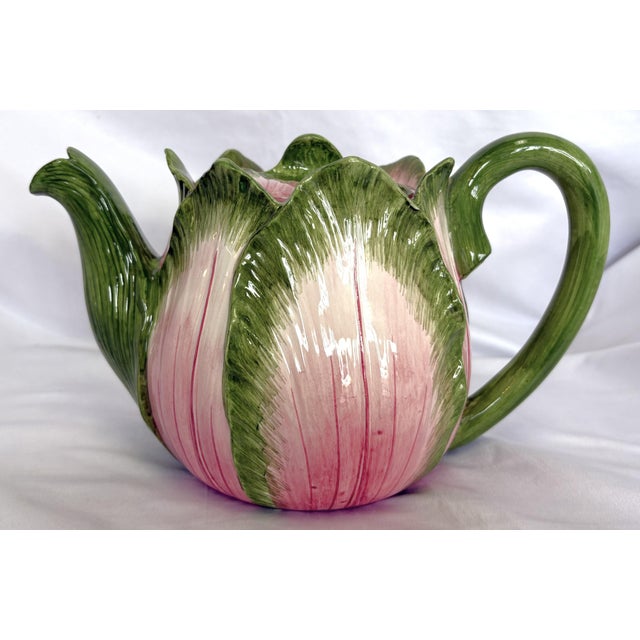 Vintage Majolica Cabbage Ceramic Tea Pot With Lid Made in Italy For Sale In West Palm - Image 6 of 17