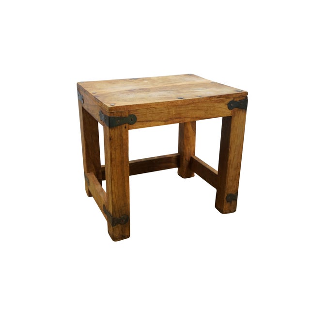 Rustic Teak Metal Banded Farmhouse Side Table Ottoman Foot Stool Step ...