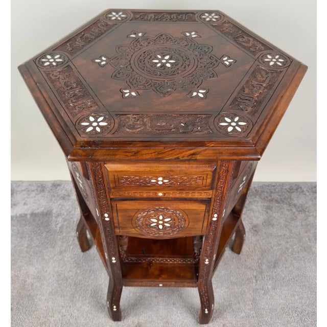 Islamic Vintage Syrian Hexagonal Walnut and Bone Inlay Hand -Carved Center of End Table For Sale - Image 3 of 12