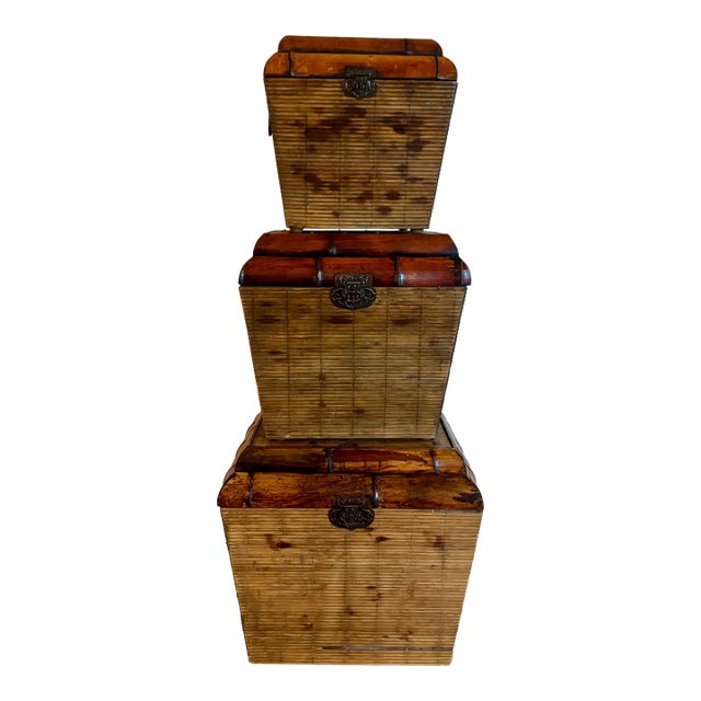 Set of Three Vintage Nesting Bamboo Boxes, Organic Modern Design For Sale