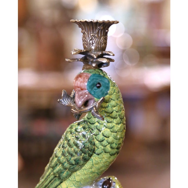 Mid-Century Chinese Export Porcelain Parrot Candlesticks on Gilt Bronze Bases For Sale - Image 4 of 10