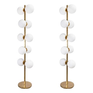 Vintage Italian Brass Floor Lamps With Opaline Ball, Pair Of For Sale