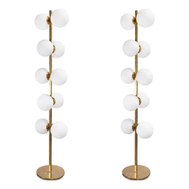 Vintage Italian Brass Floor Lamps With Opaline Ball, Pair Of For Sale