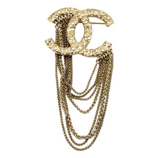 Chanel Gold CC Pearl Crystal Multi Chain Medium Brooch For Sale