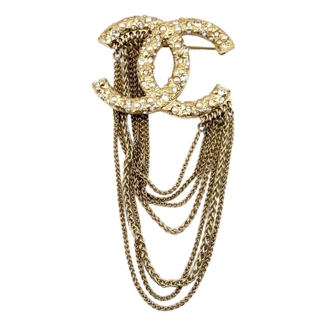 Chanel Gold CC Pearl Crystal Multi Chain Medium Brooch For Sale