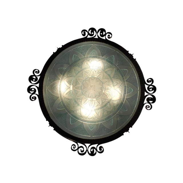 Early 20th Century Teal Blue French Art Deco Art Glass and Iron Mounted Pendant For Sale In New York - Image 6 of 12