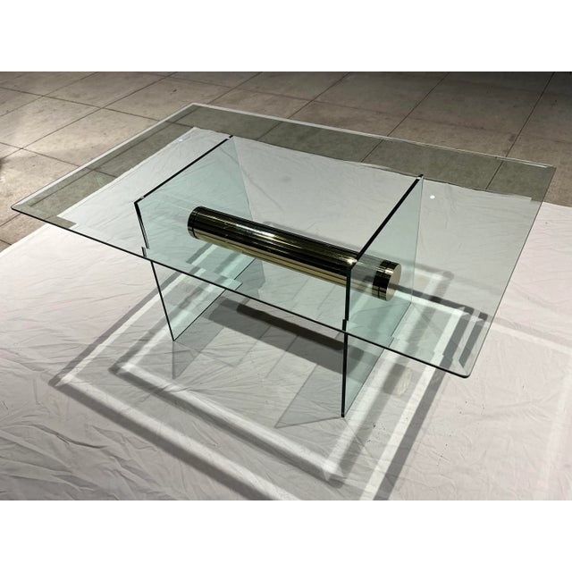 Bottle Green Postmodern Glass & Brass Tube Stretcher Coffee Table Manner of Leon Rosen for Pace For Sale - Image 8 of 13