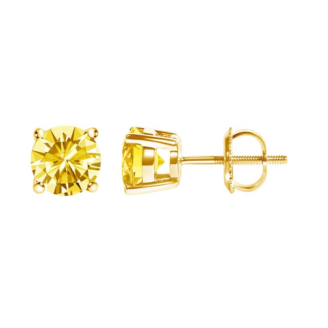 Contemporary 14K Yellow Gold 1.0 Cttw Lab Grown Yellow Diamond Solitaire Stud Earrings (Yellow Color, VS2-SI1 Clarity) For Sale - Image 3 of 4