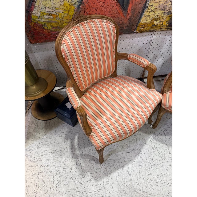 Antique French Louis XV Style Gold Giltwood Pink Stripe Fauteuil Arm Chair, Pair Excellent condition This product is a...