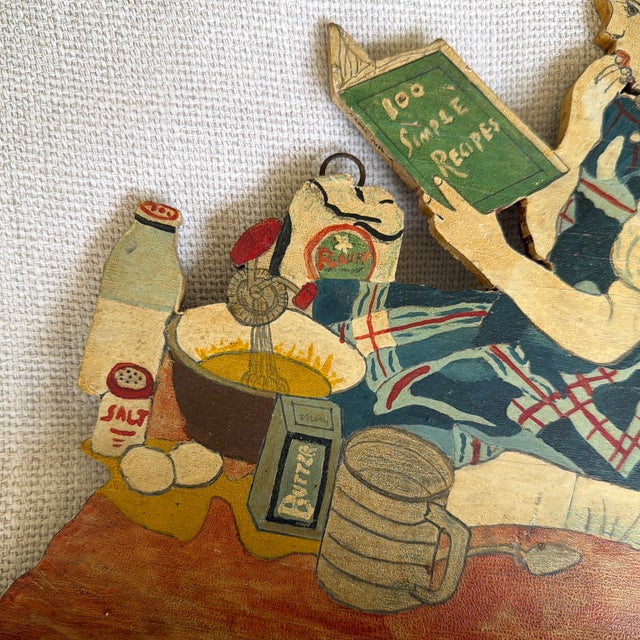 Vintage Hand Painted Folk Art Wooden Kitchen Shelf Featuring Girl Baking With Dog For Sale - Image 4 of 10