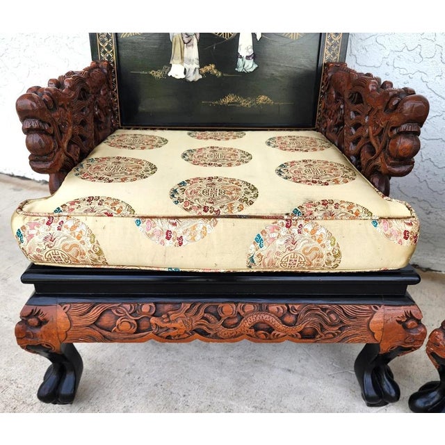 Black Chinese Hand-Carved Dragon Throne Armchairs Pair For Sale - Image 8 of 18