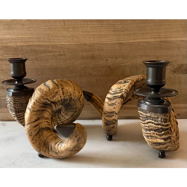 Farmhouse Pair of Large Faux Ram's Horn Candle Holders For Sale - Image 3 of 12