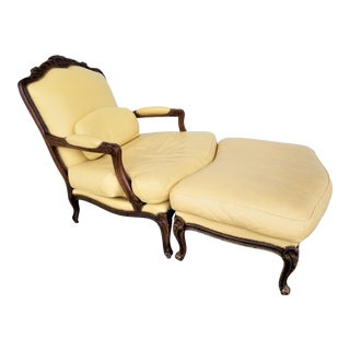 Chateau d'Ax Genuine Leather French Louis XV Style Fauteuil Chair With Ottoman For Sale
