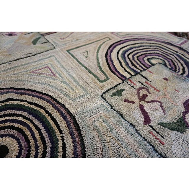 Nice Tan-Beige Background With Prominent Circles Black Geometric Design Antique American Hooked Rug For Sale In New York - Image 6 of 13