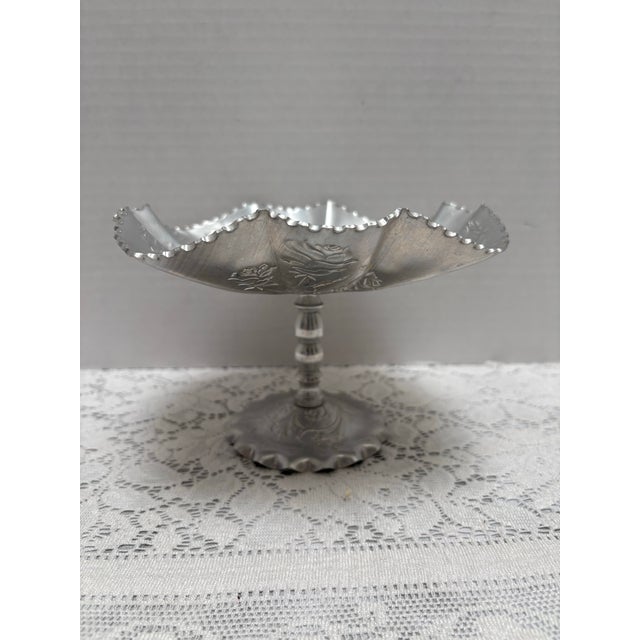 Midcentury Floral Rose Etched Metal Pedestal Tray For Sale - Image 9 of 10