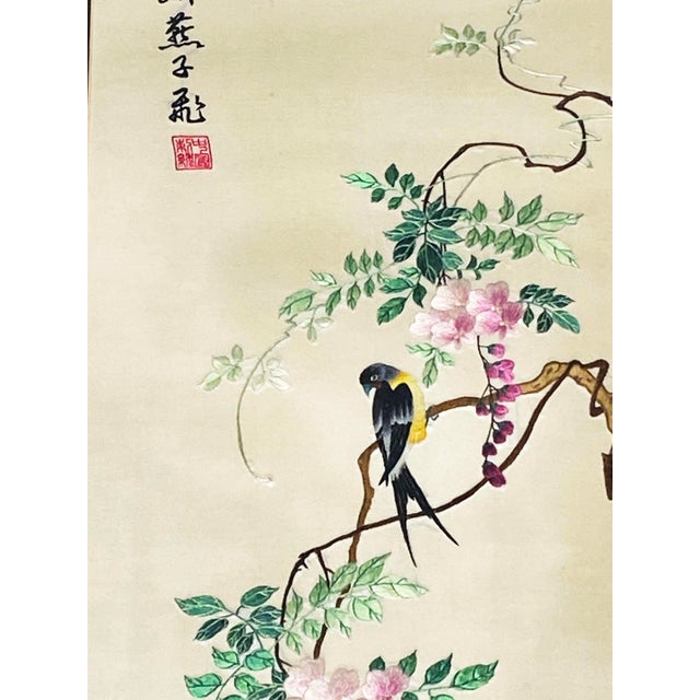 Chinese Vintage Hand Embroidered Chinese Silk Panel With Birds Framed 41" H For Sale - Image 3 of 7