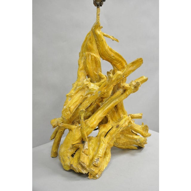 Contemporary Vintage Mid Century Modern Large Driftwood Yellow Painted Tiki Room Table Lamp For Sale - Image 3 of 12